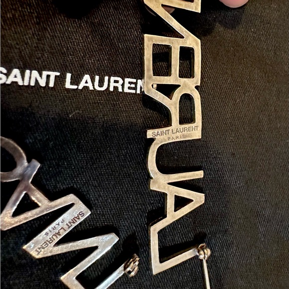 Saint Laurent Silver Crystal Logo Brooch Accessories. - Picture 4 of 7